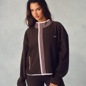 MICROFLEECE GINGHAM FUNNEL ZIP - DRIFTWOOD