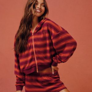 TOWEL TERRY TERRY STRIPE FUNNEL ZIP HOODIE - HEATWAVE