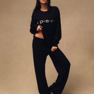 WAFFLE LOUNGE DRAWSTRING STRAIGHT LEG PANTS - ONYX