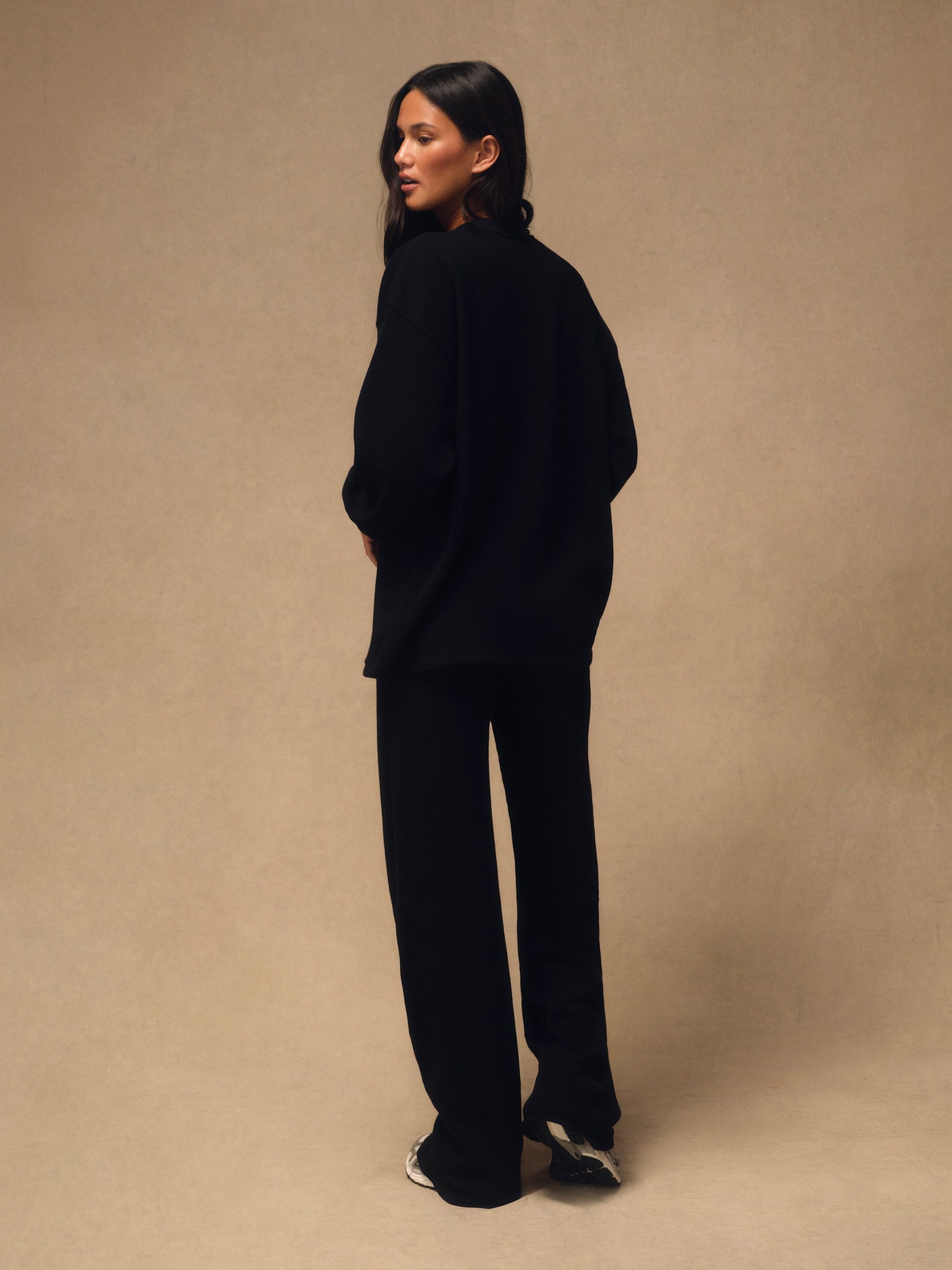 WAFFLE LOUNGE DRAWSTRING STRAIGHT LEG PANTS - ONYX - Image 3